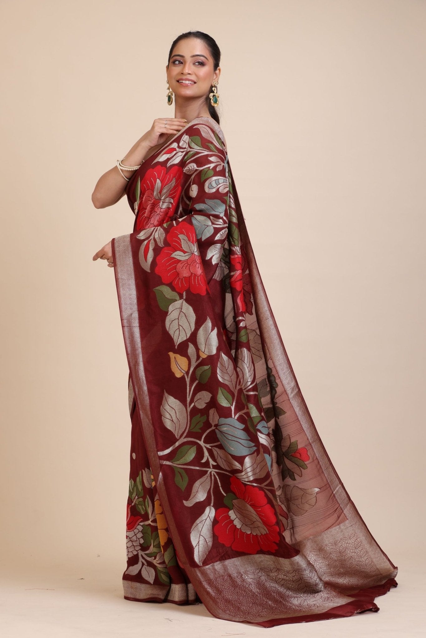 Brown Floral Woven Silk Saree - Anvi Couture