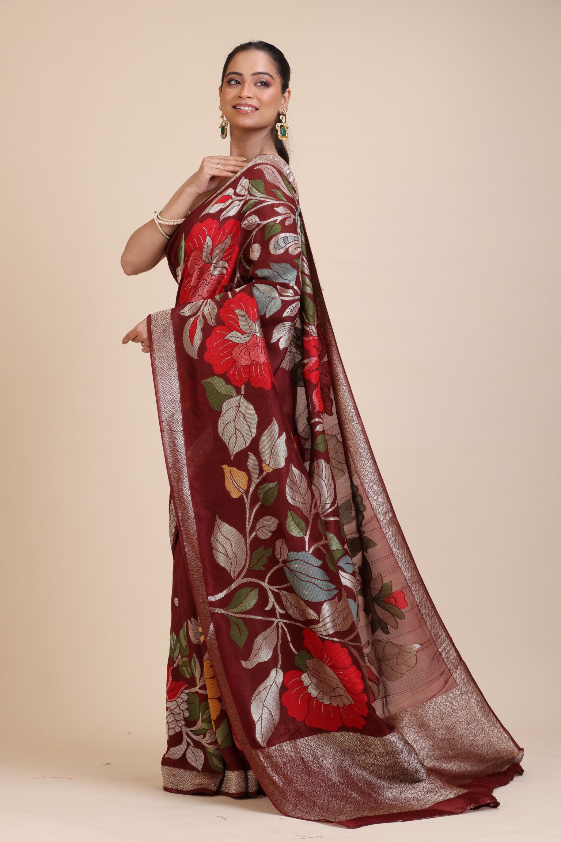 Brown Floral Woven Silk Saree front