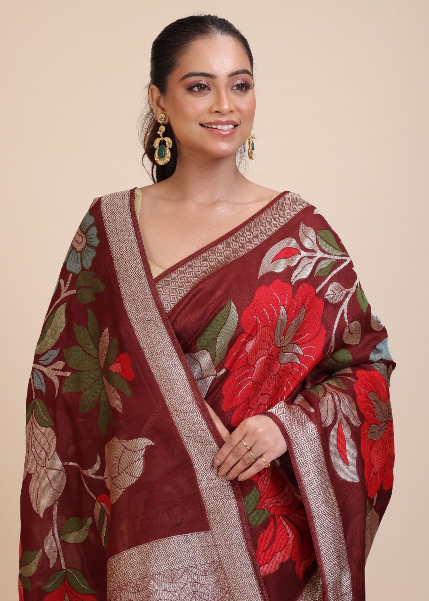 Brown Floral Woven Silk Saree - Anvi Couture