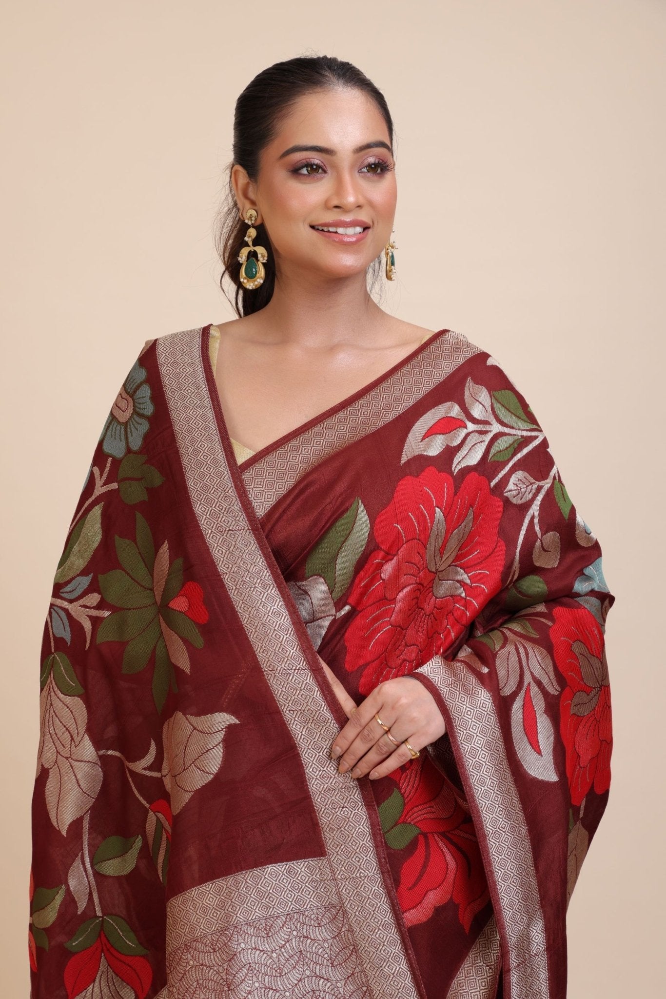 Brown Floral Woven Silk Saree - Anvi Couture