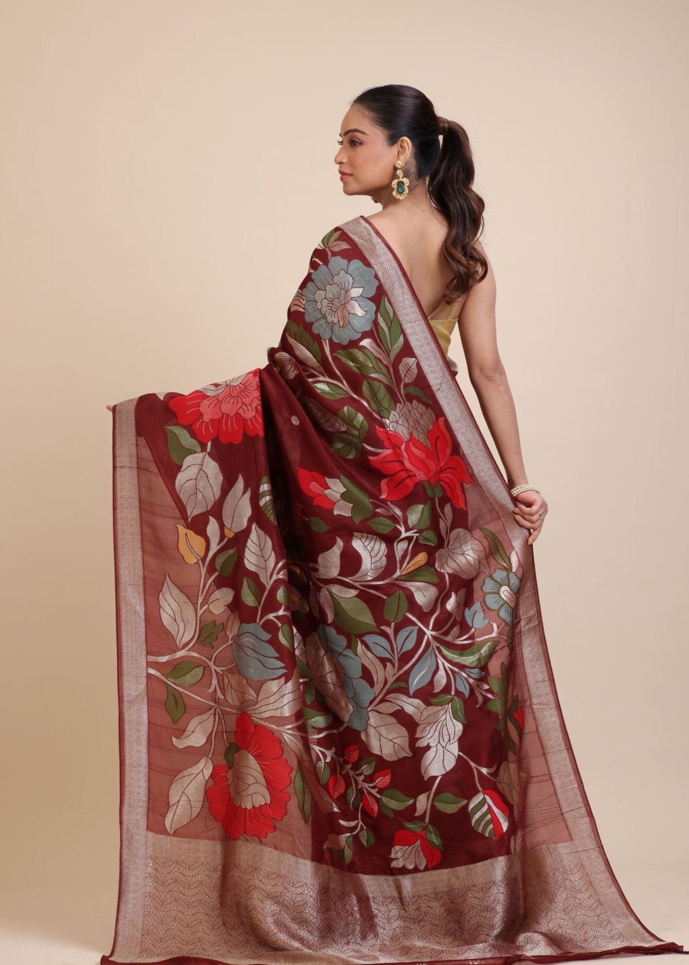 Brown Floral Woven Silk Saree - Anvi Couture