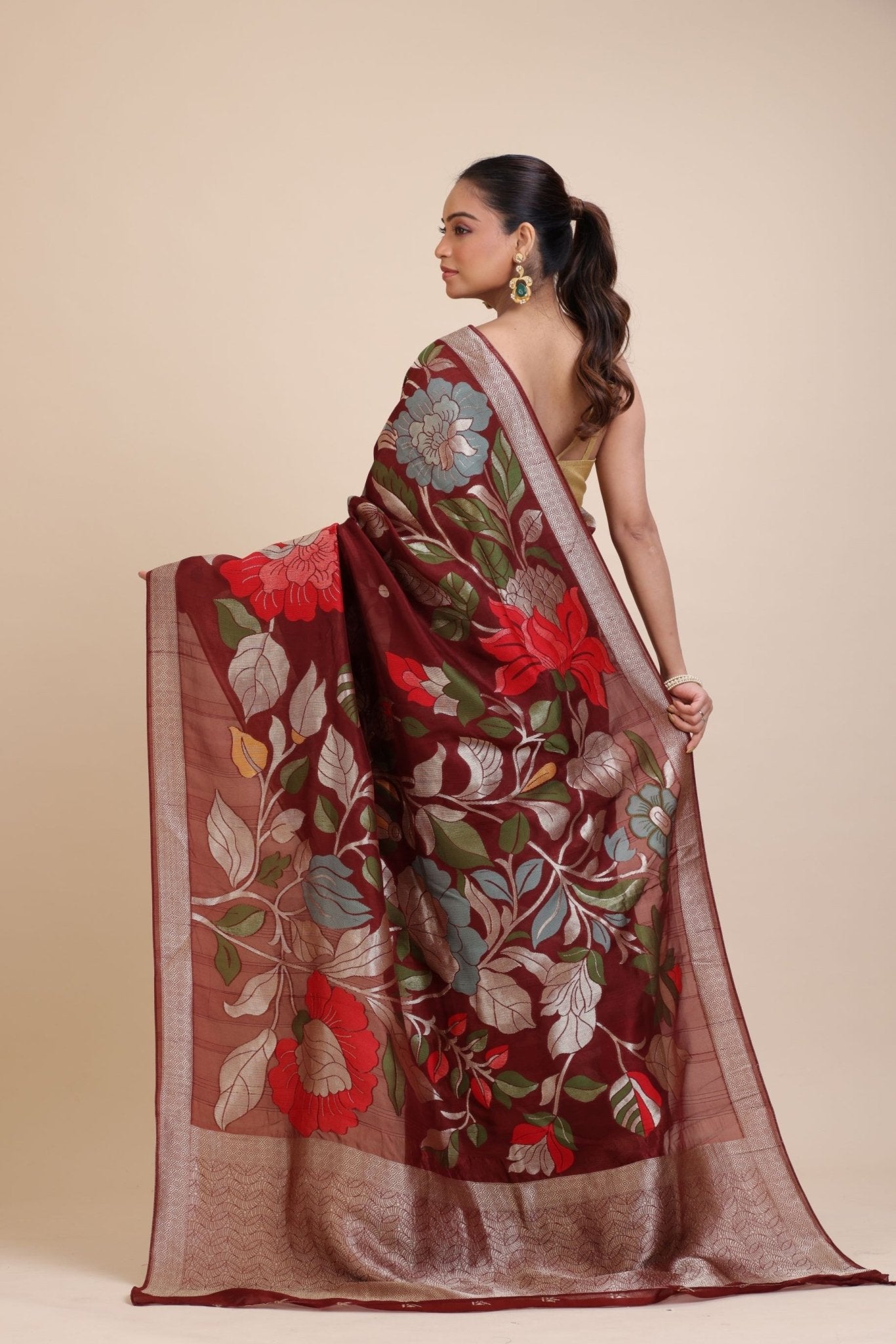 Brown Floral Woven Silk Saree - Anvi Couture