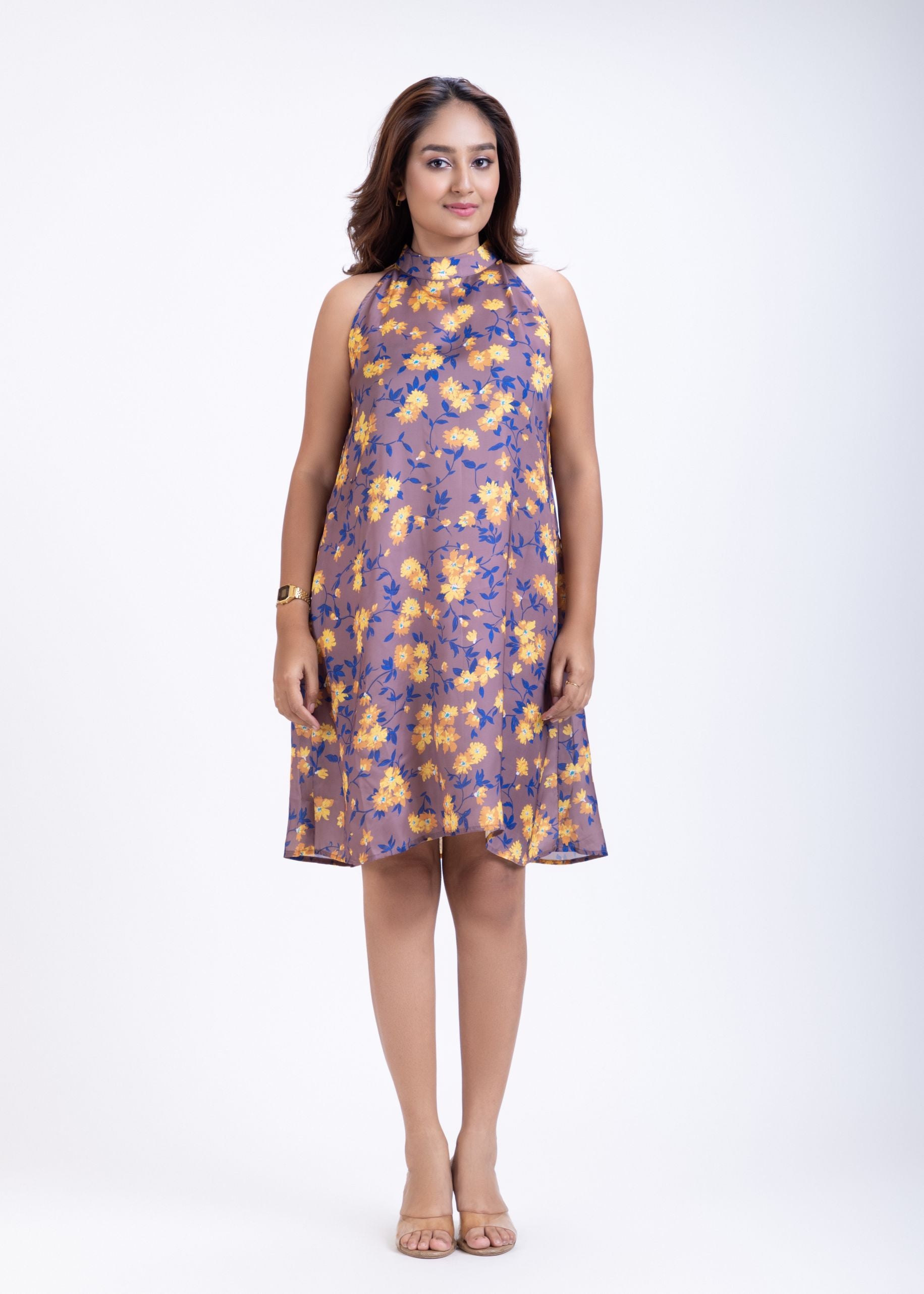 Brown Halter Neck Dress in Floral Prints Full

