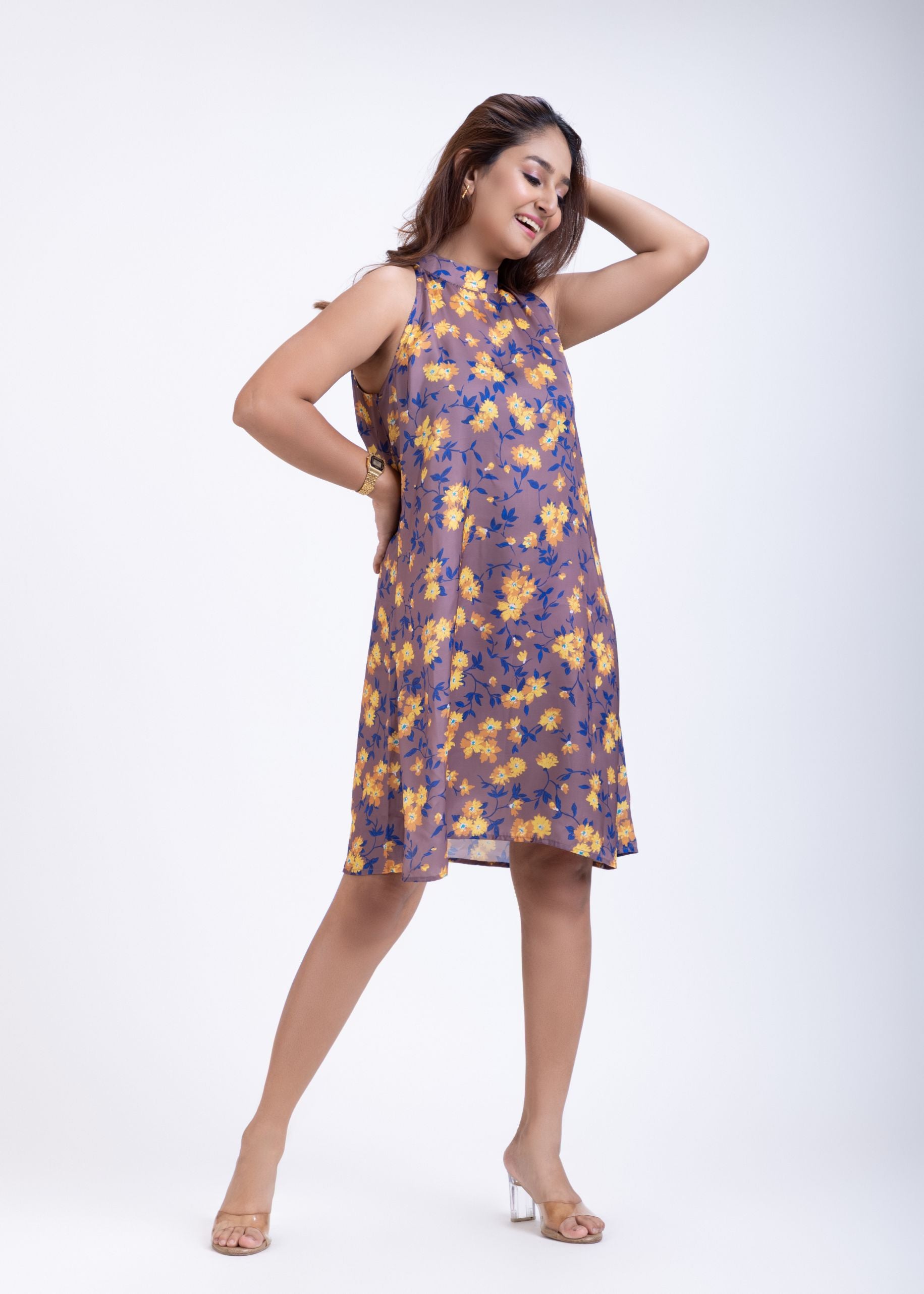 Brown Halter Neck Dress in Floral Prints Front

