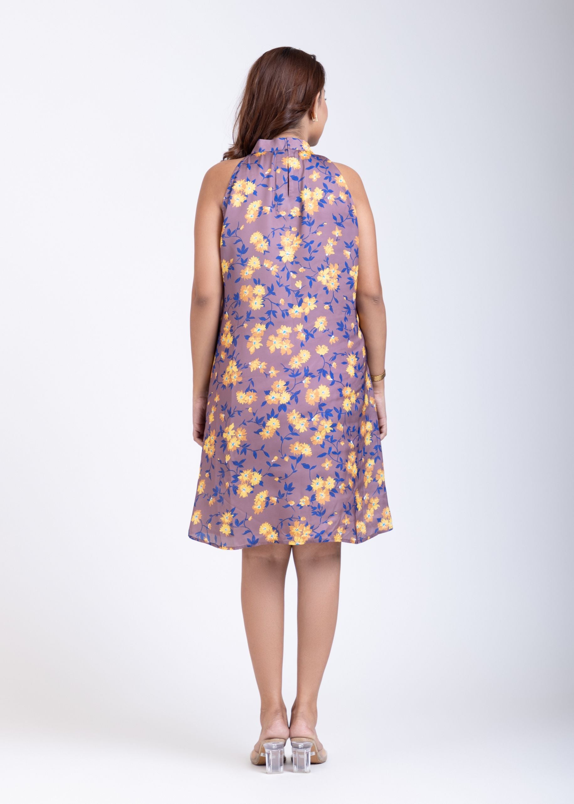 Brown Halter Neck Dress in Floral Prints Back

