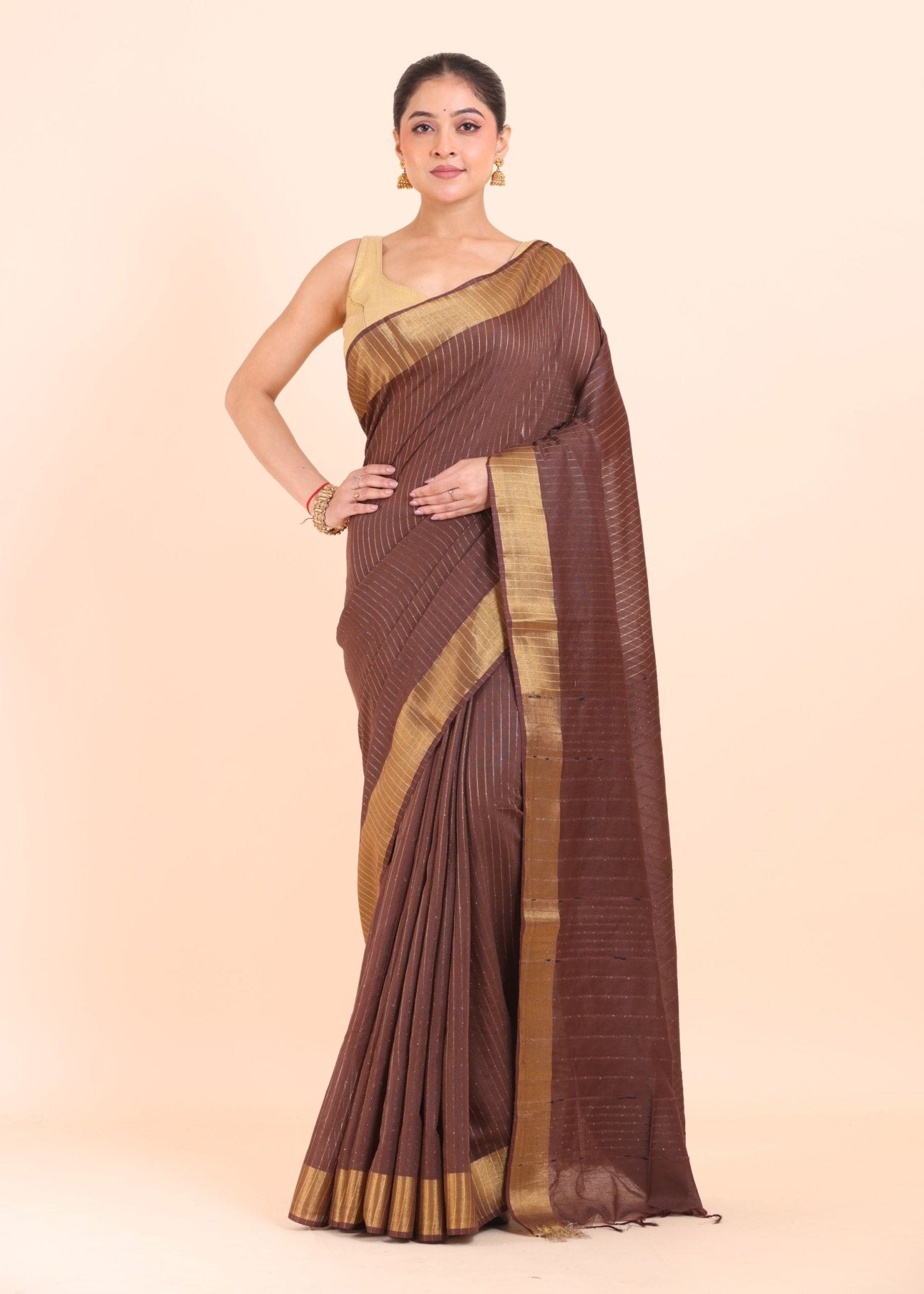 Brown Handloom Silk Saree with With Golden Border - Anvi Couture