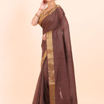 Brown Handloom Silk Saree with With Golden Border front