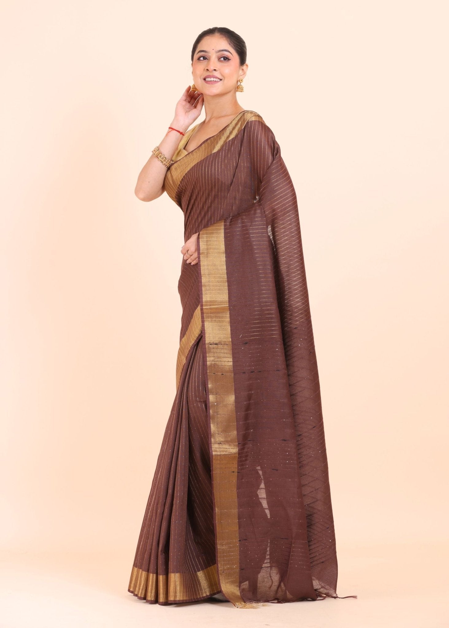 Brown Handloom Silk Saree with With Golden Border - Anvi Couture