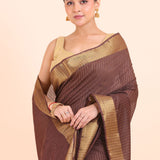 Brown Handloom Silk Saree with With Golden Border close up
