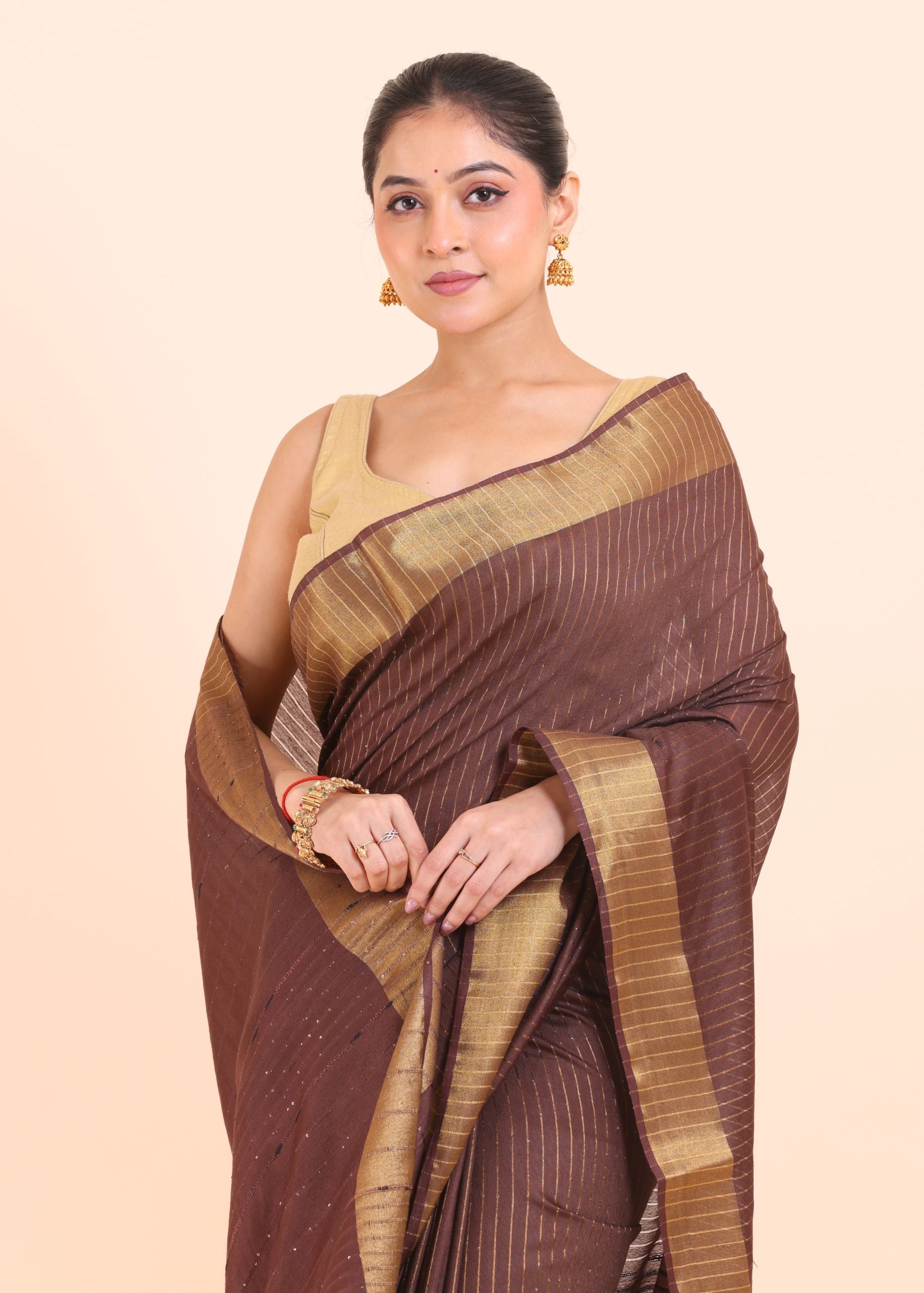 Brown Handloom Silk Saree with With Golden Border close up