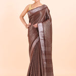 Brown Handloom Tissue Saree With Silver Border Front View