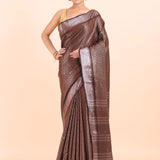 Brown Handloom Tissue Saree With Silver Border Front View