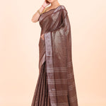Brown Handloom Tissue Saree With Silver Border Side View