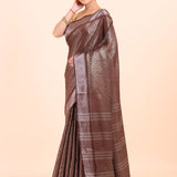Brown Handloom Tissue Saree With Silver Border Side View