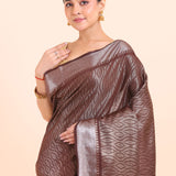 Brown Handloom Tissue Saree With Silver Border Close Up View