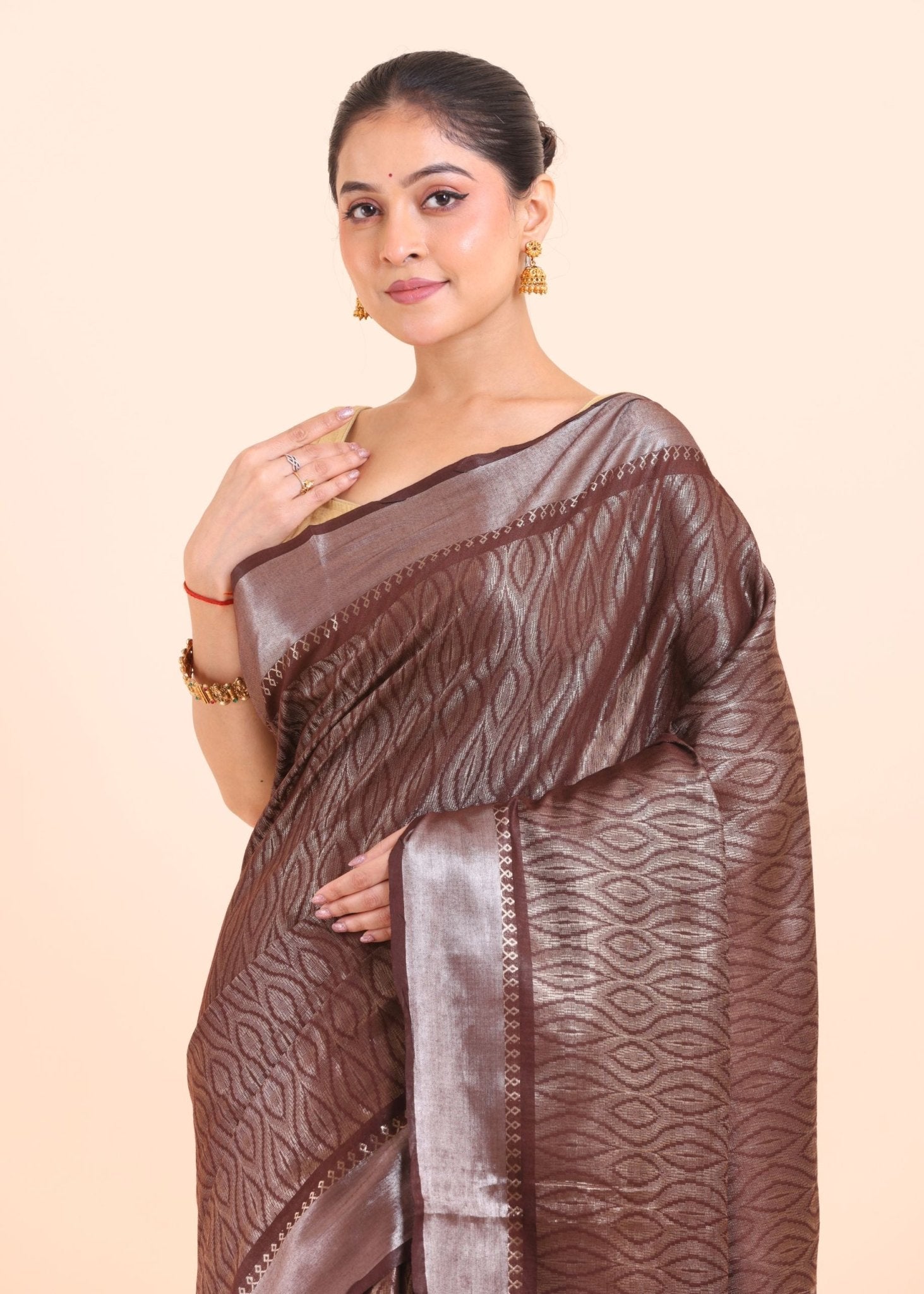 Brown Handloom Tissue Saree With Silver Border - Anvi Couture
