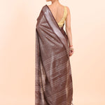 Brown Handloom Tissue Saree With Silver Border Back View