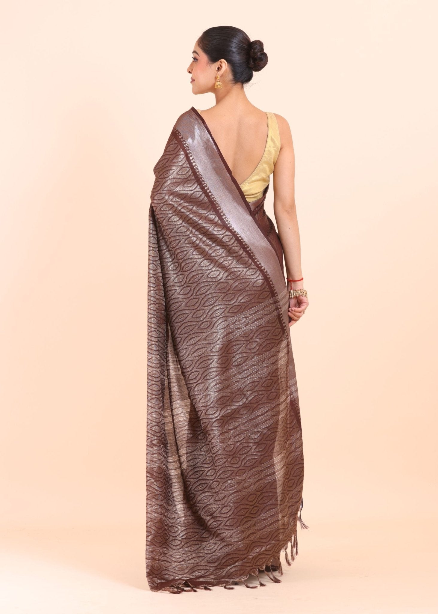 Brown Handloom Tissue Saree With Silver Border - Anvi Couture