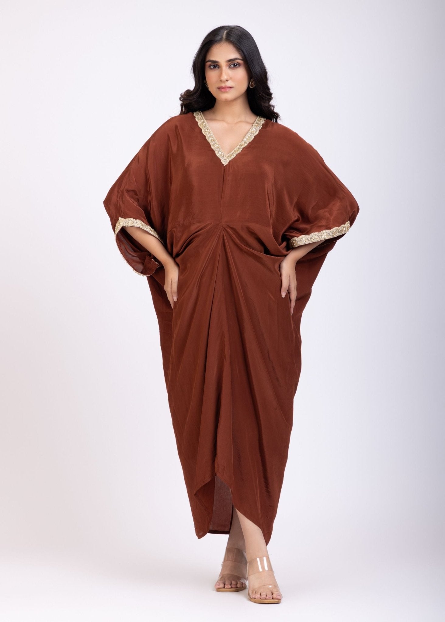 Brown Kaftan Dress with Lace Border - Anvi Couture