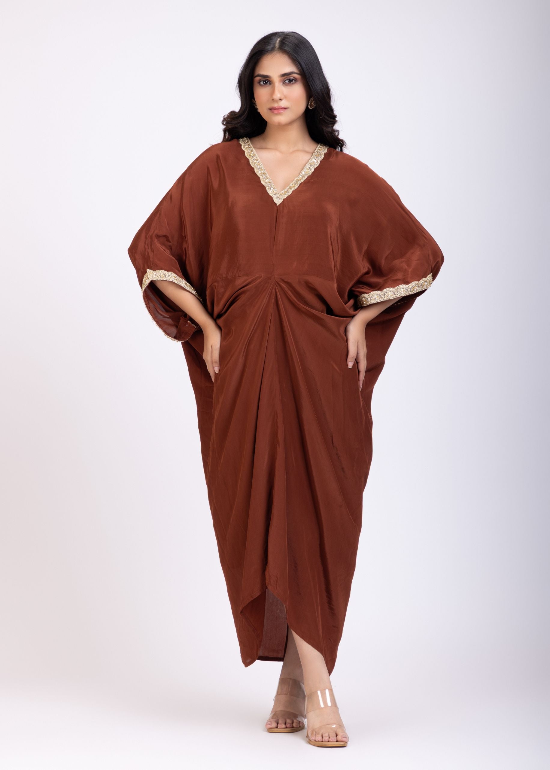 Brown Kaftan Dress with Lace Border Full