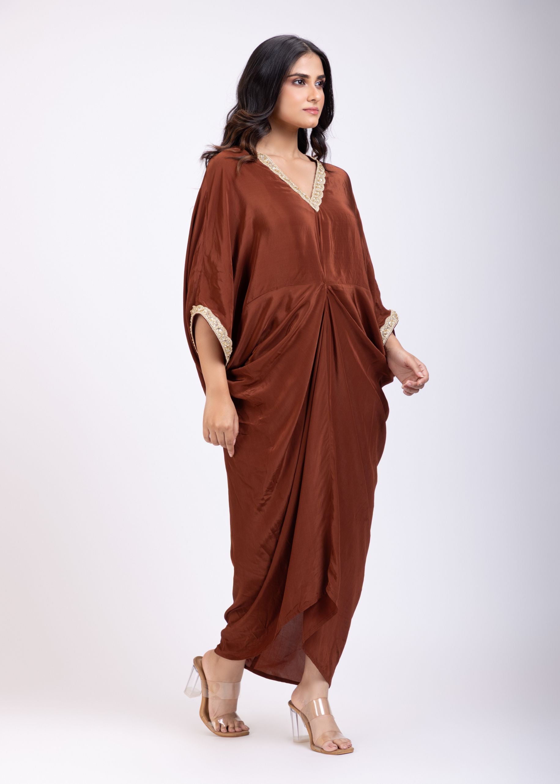 Brown Kaftan Dress with Lace Border Side