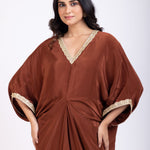 Brown Kaftan Dress with Lace Border Close Up