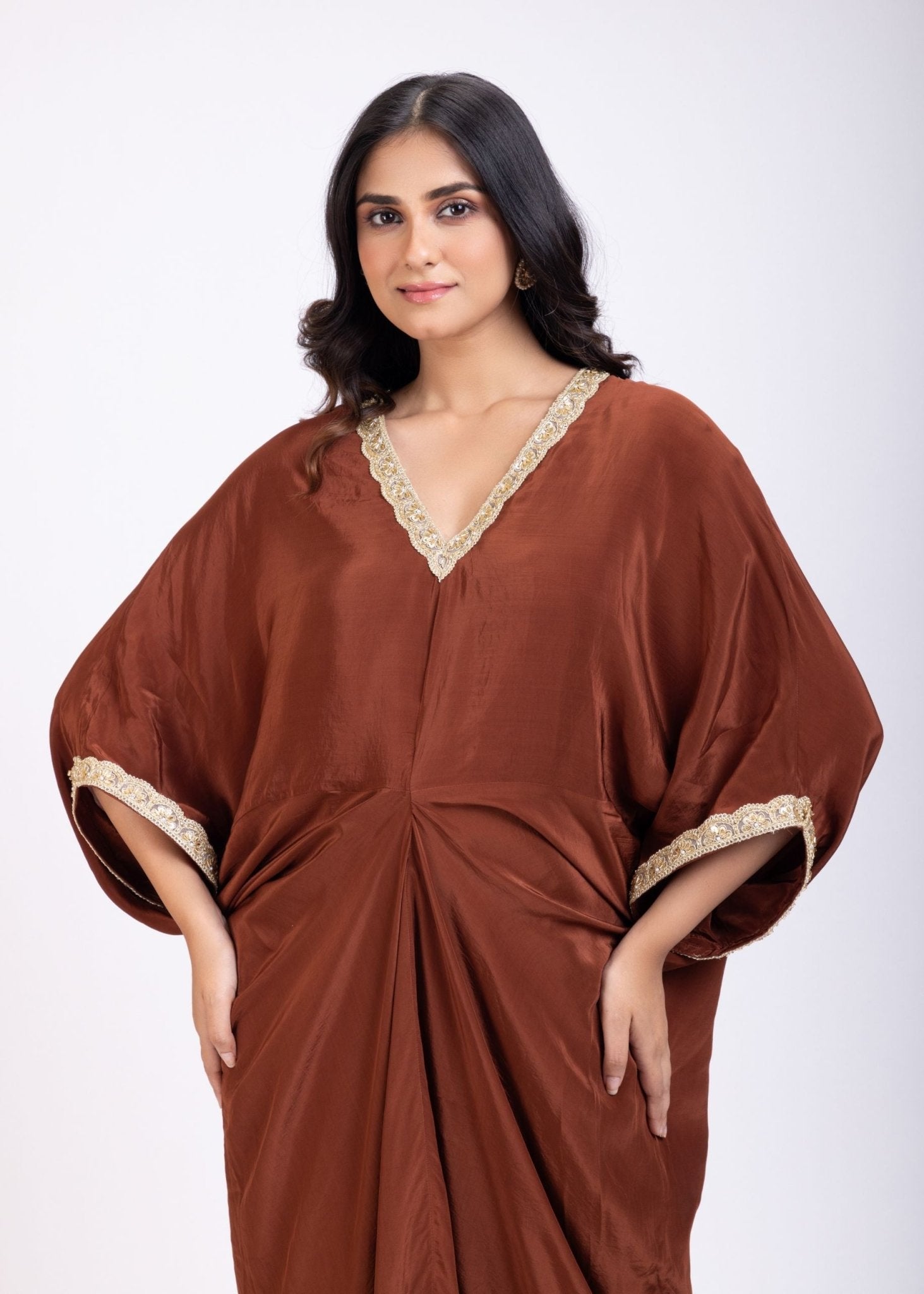 Brown Kaftan Dress with Lace Border - Anvi Couture