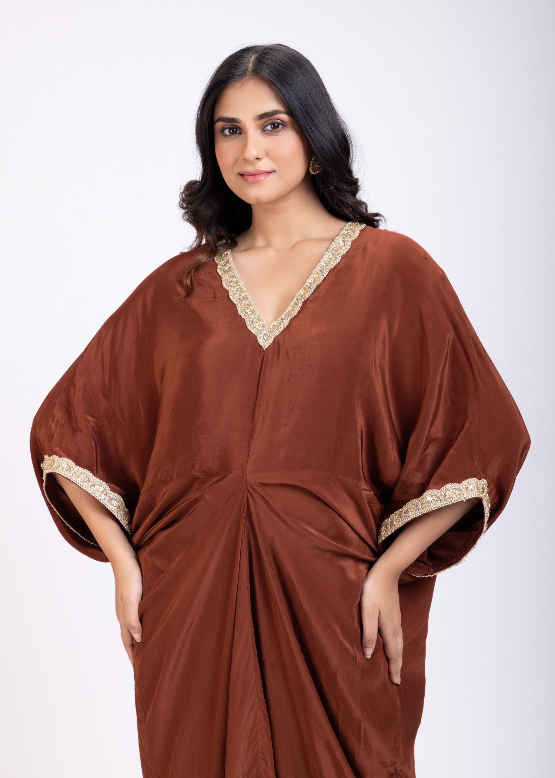 Brown Kaftan Dress with Lace Border Close Up