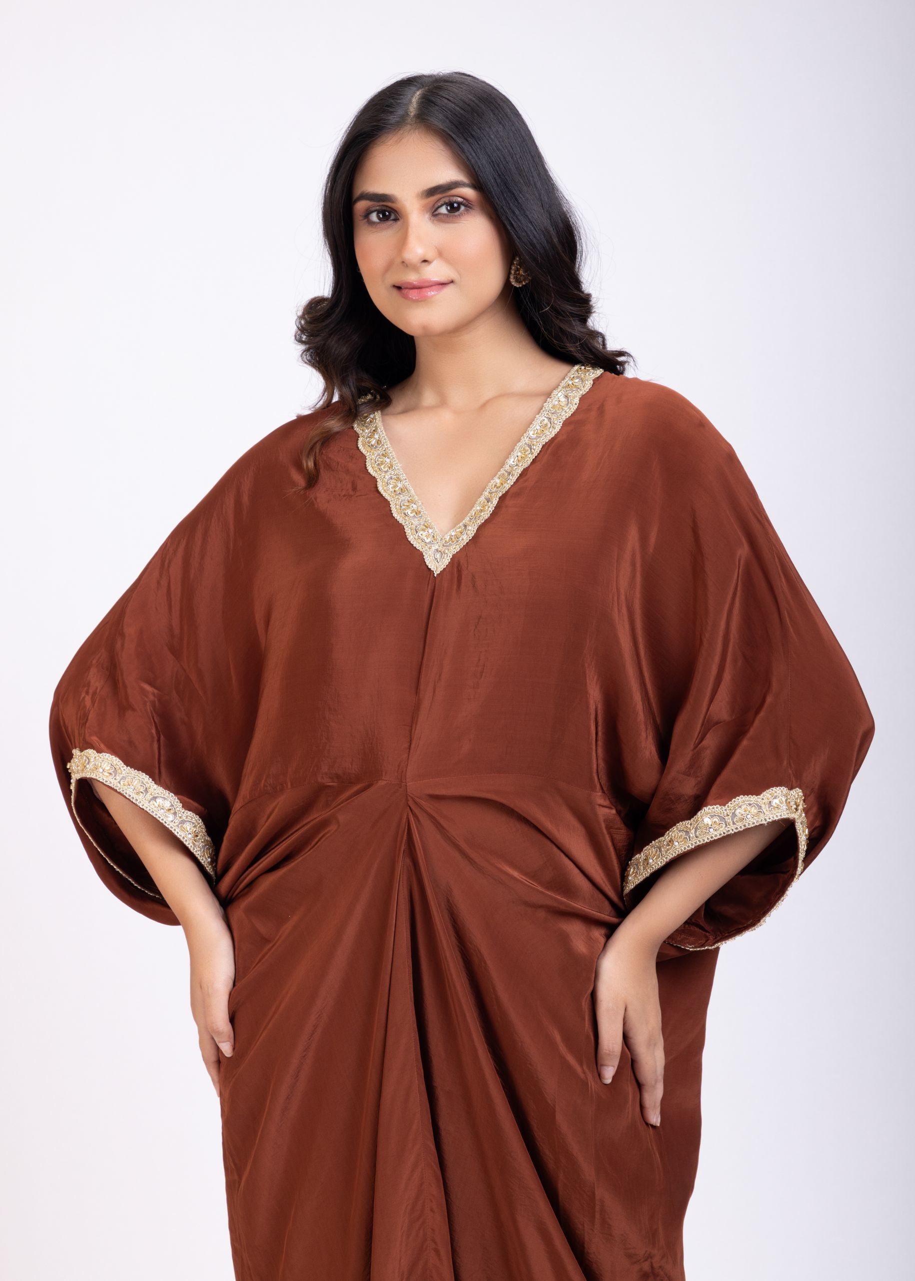 Brown Kaftan Dress with Lace Border Close Up