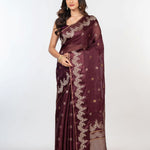 Brown Organza Silk Saree with Gold and Silver Zari Border and Pallu - Anvi Couture