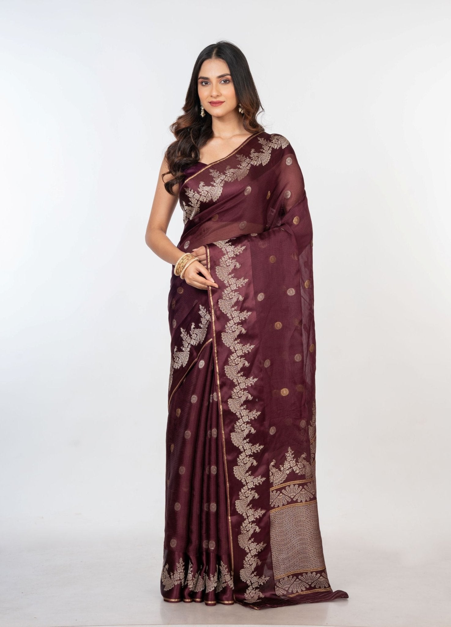 Brown Organza Silk Saree with Gold and Silver Zari Border and Pallu - Anvi Couture