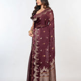 Brown Organza Silk Saree with Gold and Silver Zari Border and Pallu - Anvi Couture