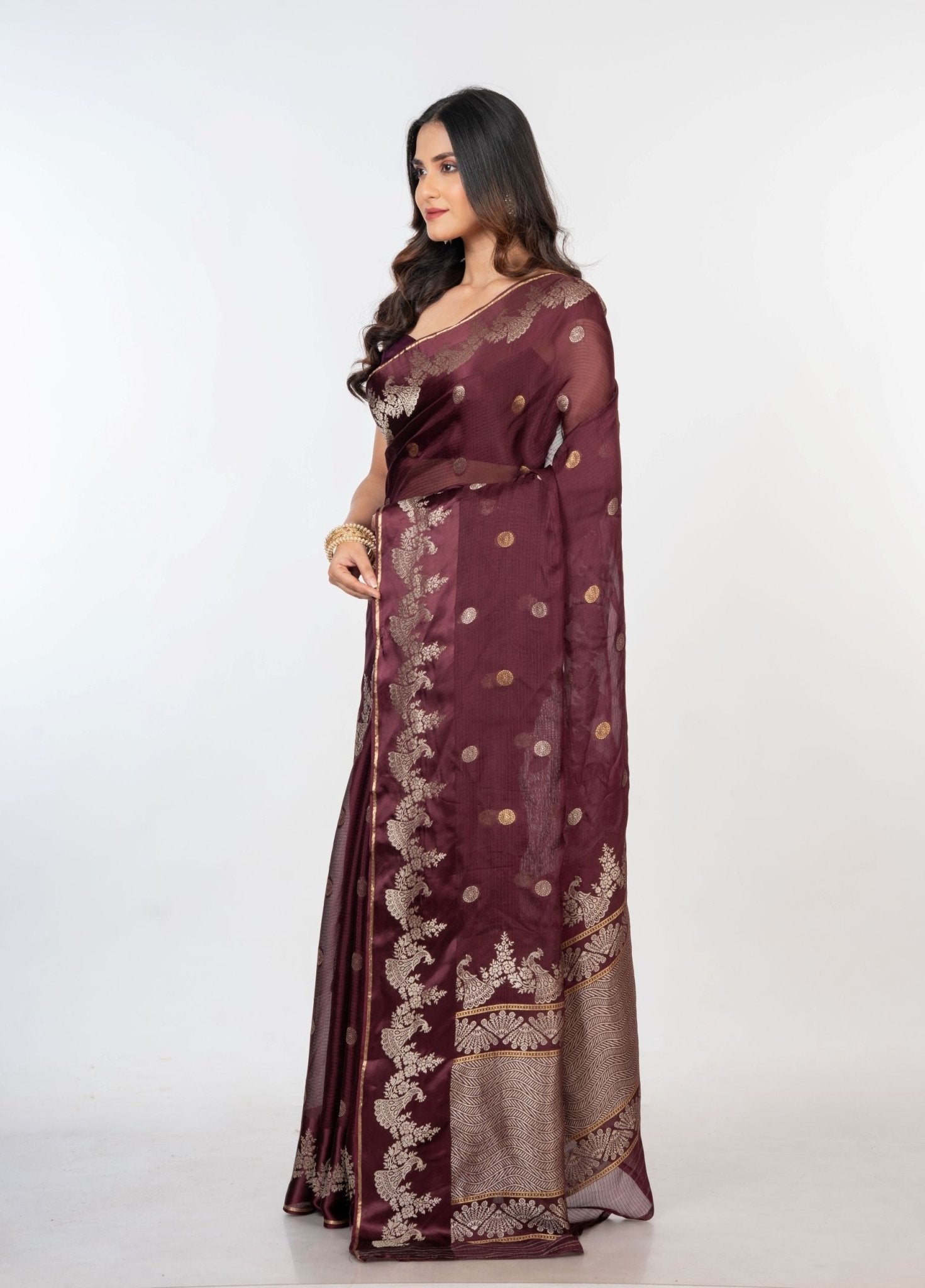Brown Organza Silk Saree with Gold and Silver Zari Border and Pallu - Anvi Couture
