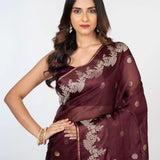 Brown Organza Silk Saree with Gold and Silver Zari Border and Pallu - Anvi Couture