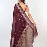 Brown Organza Silk Saree with Gold and Silver Zari Border and Pallu - Anvi Couture