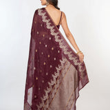 Brown Organza Silk Saree with Gold and Silver Zari Border and Pallu - Anvi Couture