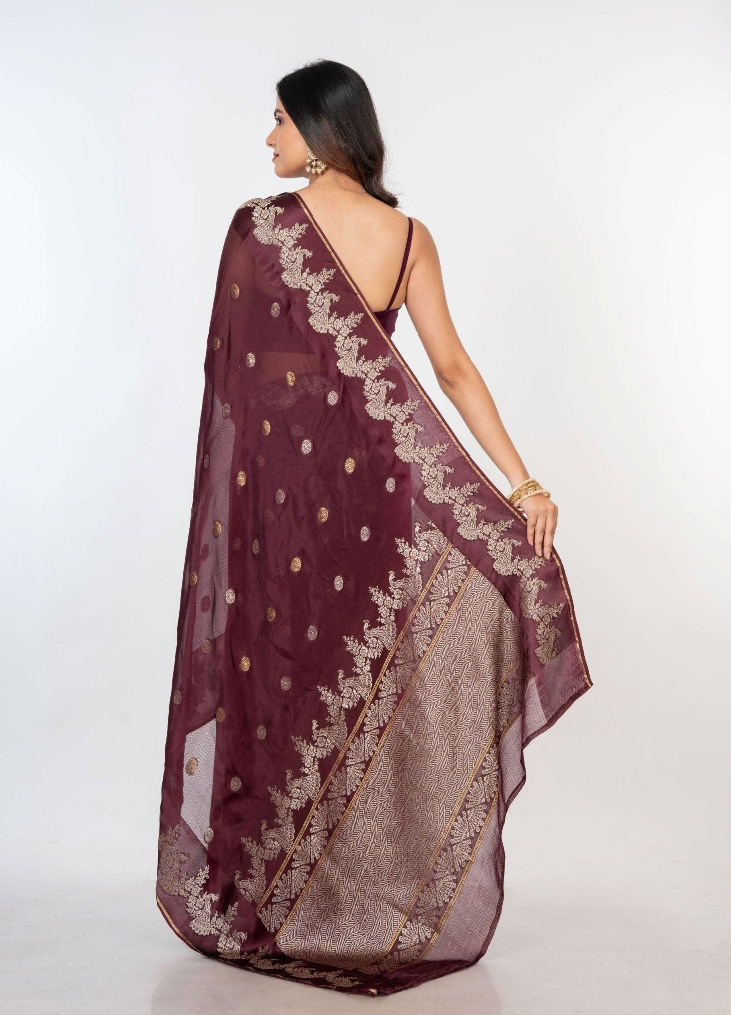 Brown Organza Silk Saree with Gold and Silver Zari Border and Pallu - Anvi Couture