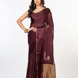 Brown Organza Silk Saree with Plain Body and Zari Border and Pallu - Anvi Couture