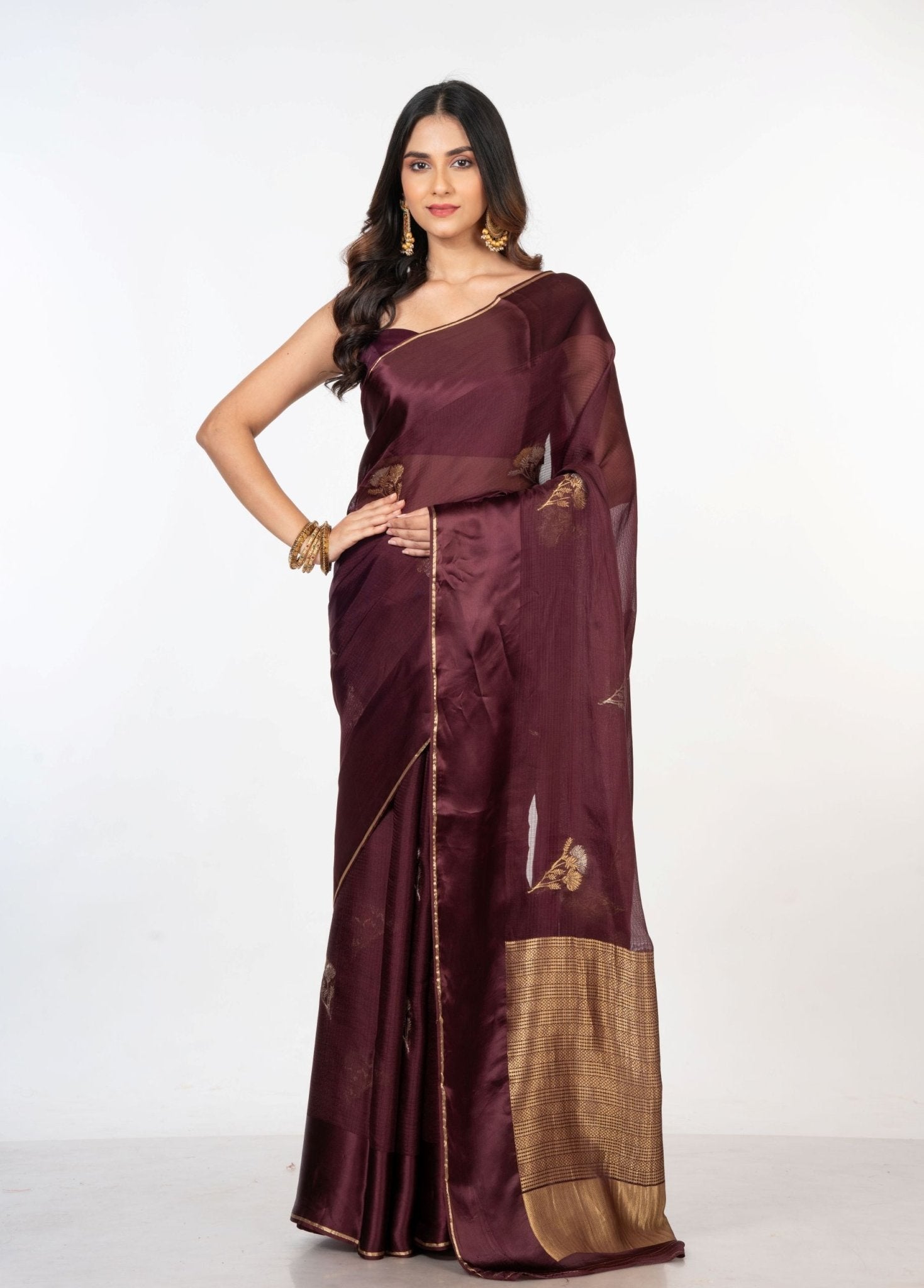Brown Organza Silk Saree with Plain Body and Zari Border and Pallu - Anvi Couture