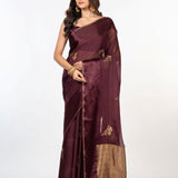 Brown Organza Silk Saree with Plain Body and Zari Border and Pallu - Anvi Couture