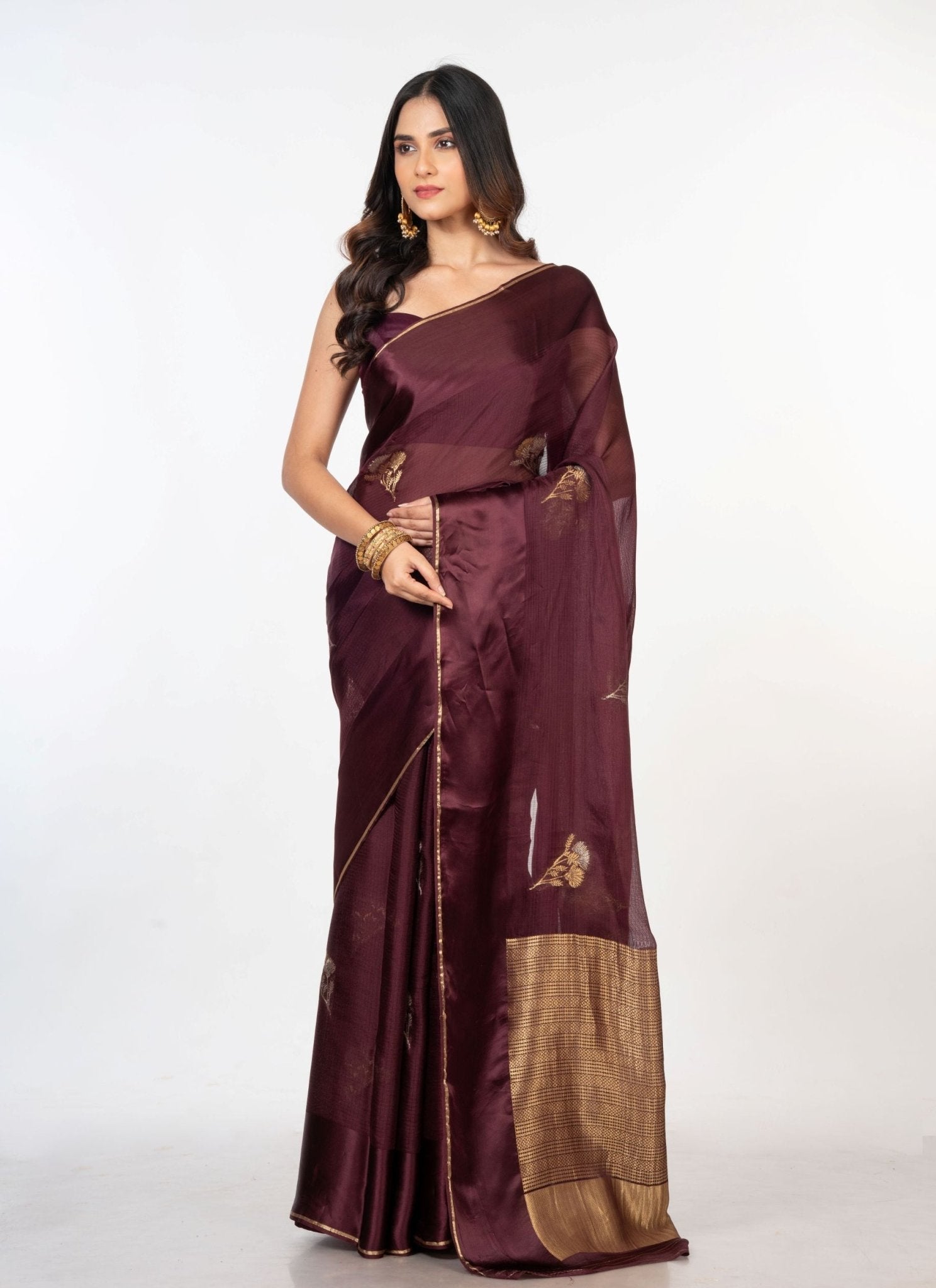 Brown Organza Silk Saree with Plain Body and Zari Border and Pallu - Anvi Couture
