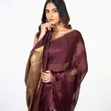 Brown Organza Silk Saree with Plain Body and Zari Border and Pallu - Anvi Couture