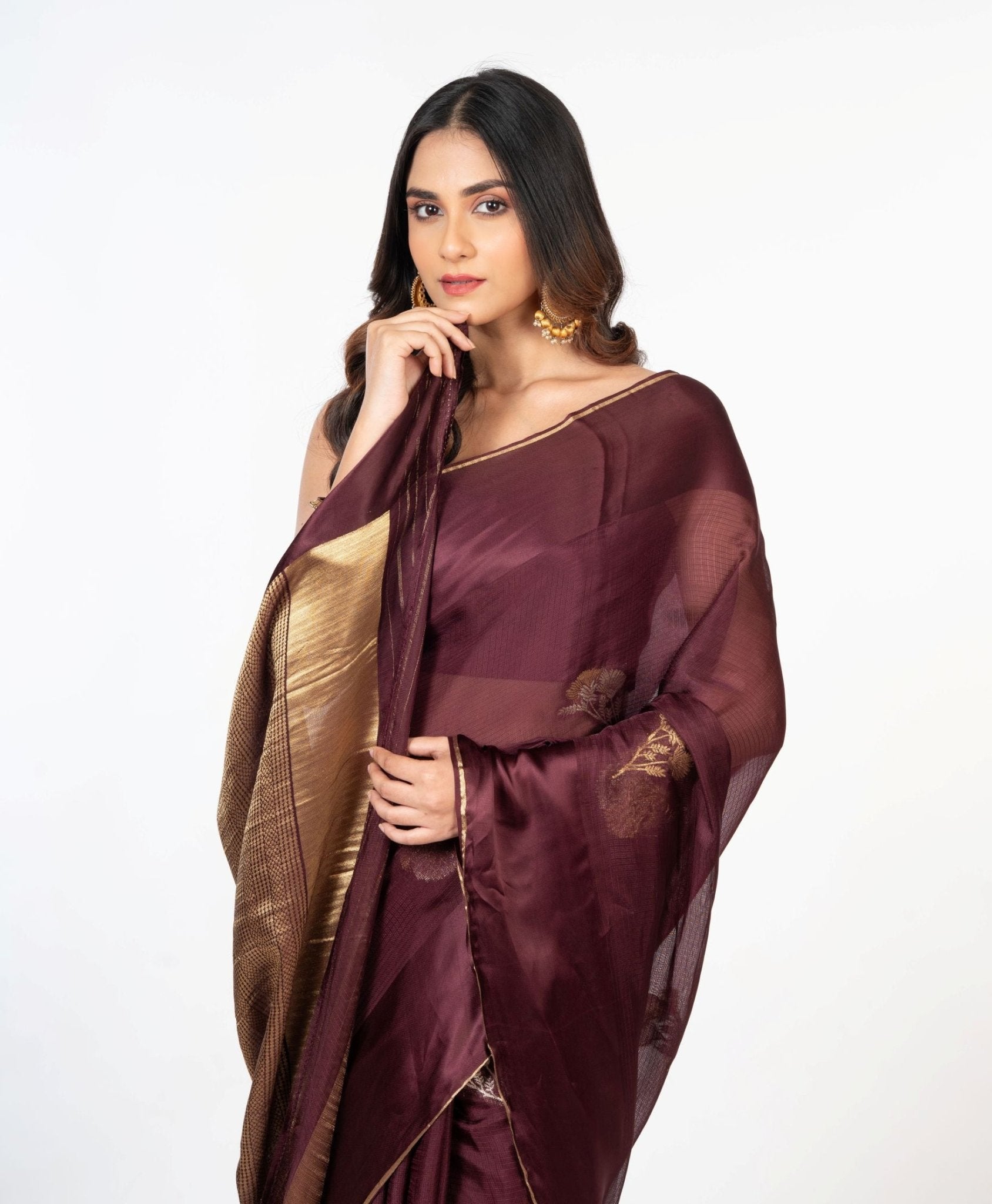 Brown Organza Silk Saree with Plain Body and Zari Border and Pallu - Anvi Couture