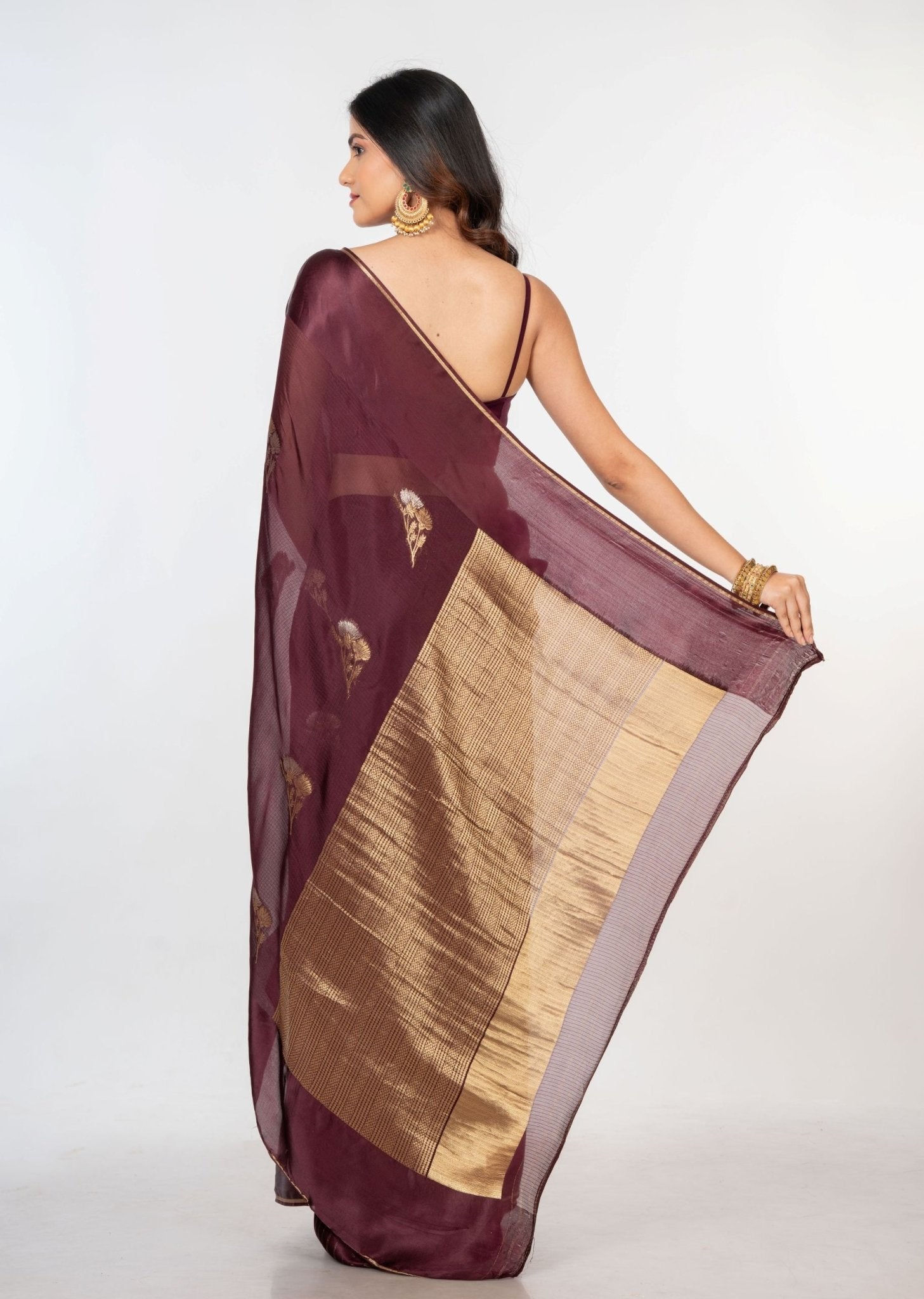 Brown Organza Silk Saree with Plain Body and Zari Border and Pallu - Anvi Couture
