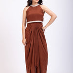 Brown Pearl Embroidered Indowestern Drape Skirt And Crop Top Set full