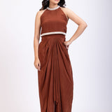 Brown Pearl Embroidered Indowestern Drape Skirt And Crop Top Set full
