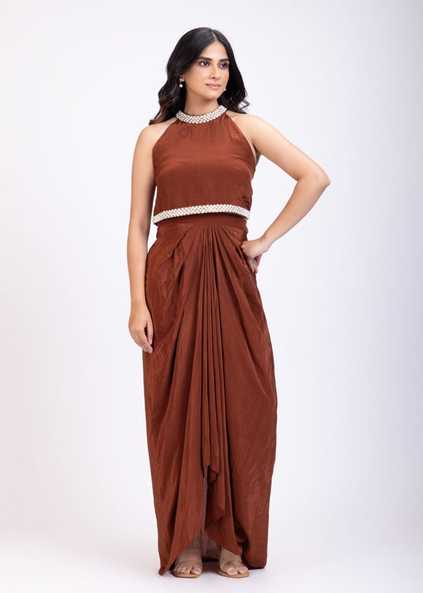 Brown Pearl Embroidered Indowestern Drape Skirt And Crop Top Set - Anvi Couture