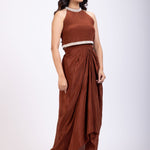 Brown Pearl Embroidered Indowestern Drape Skirt And Crop Top Set front