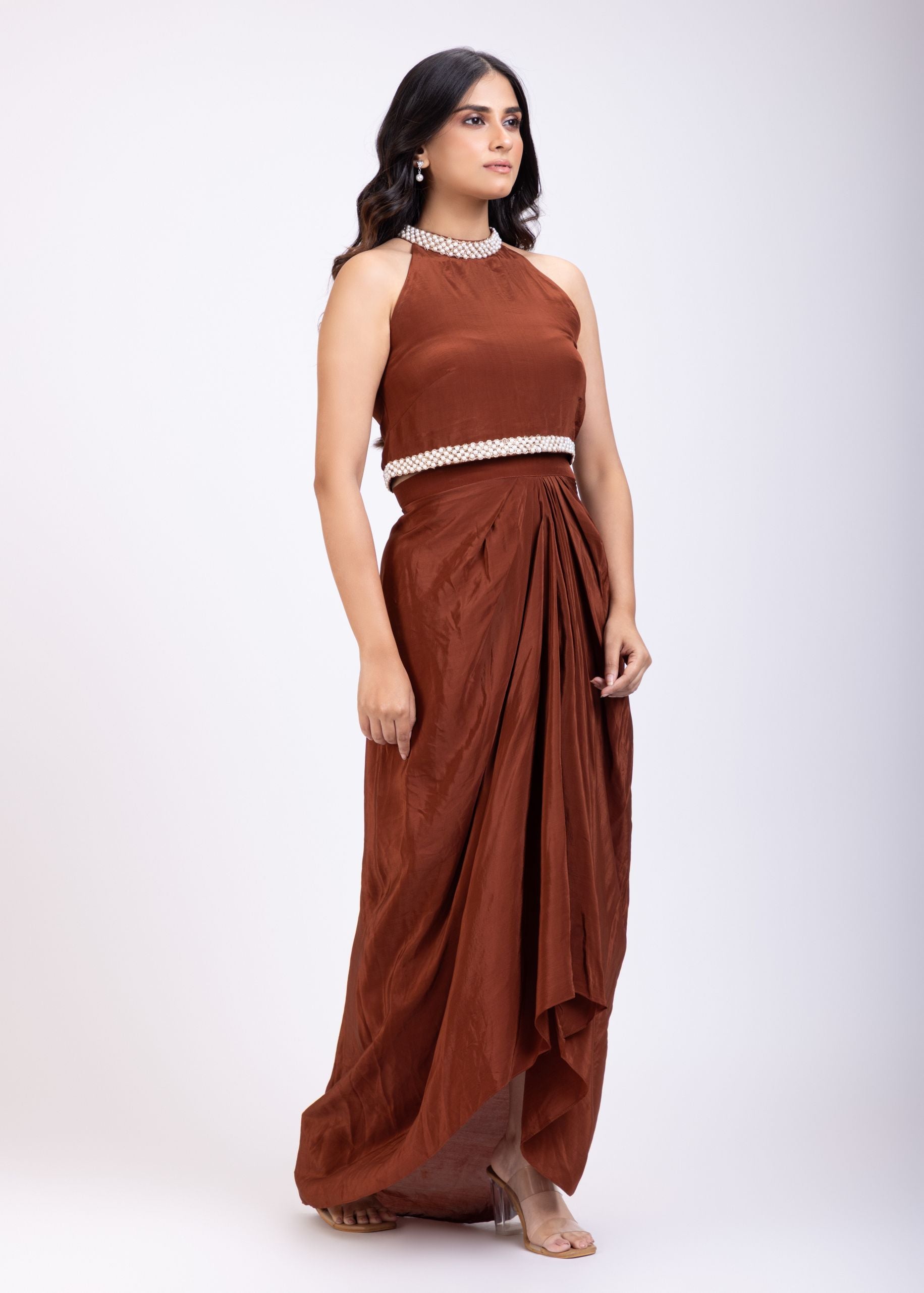 Brown Pearl Embroidered Indowestern Drape Skirt And Crop Top Set front