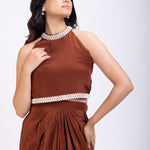 Brown Pearl Embroidered Indowestern Drape Skirt And Crop Top Set close up